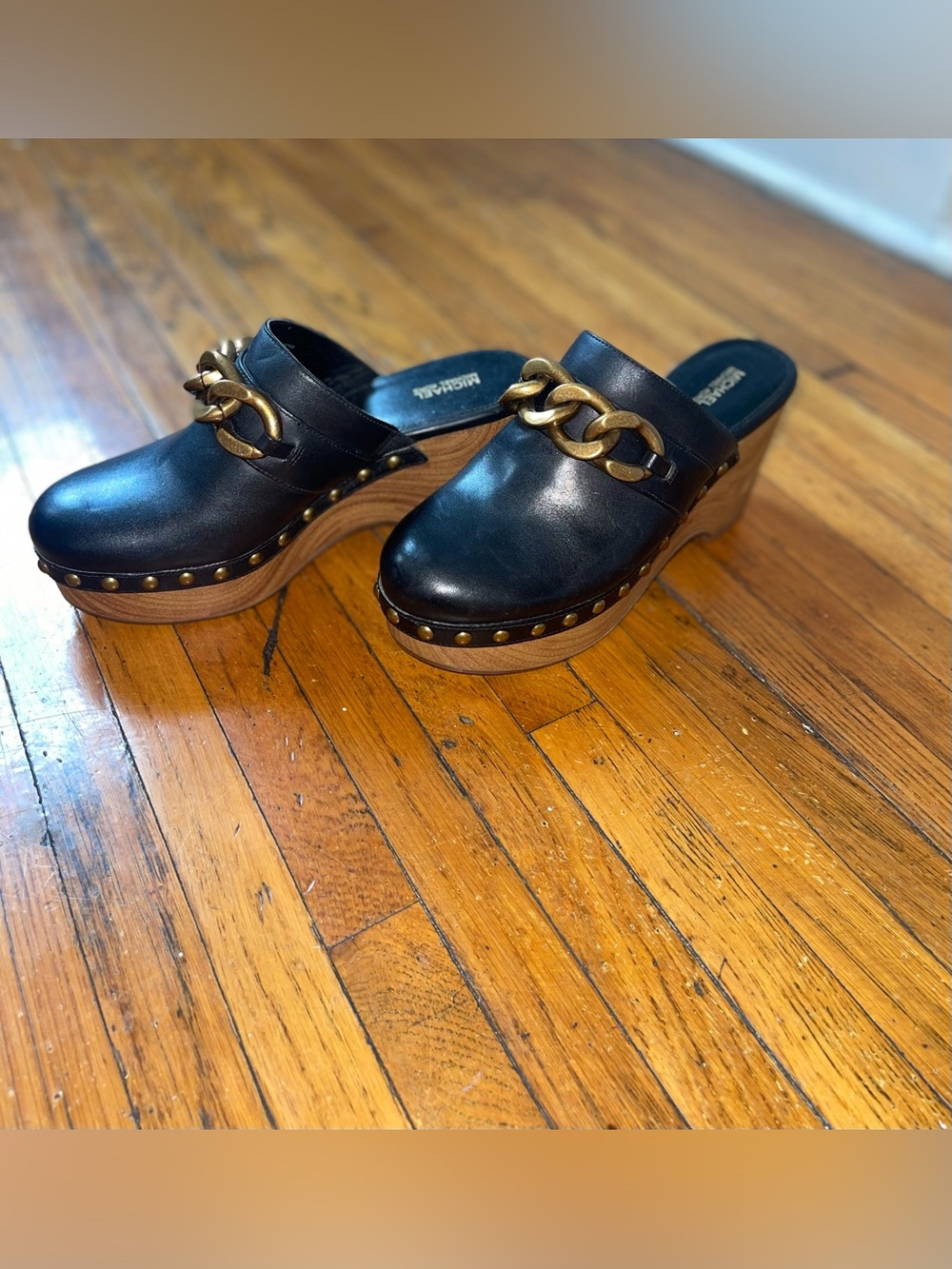 Like New Michael Kors Black Leather Chain-Accent Wedge Clogs - Size 8.5M